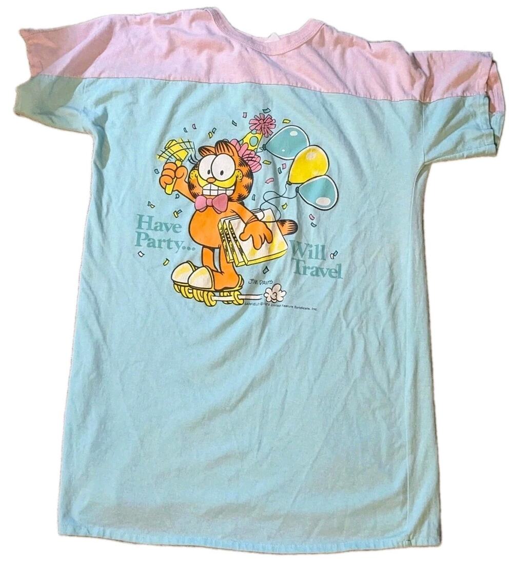 Vtg 80s Garfield Sleep Shirt Jim Davis Pastel Have Party Will Travel Pajamas